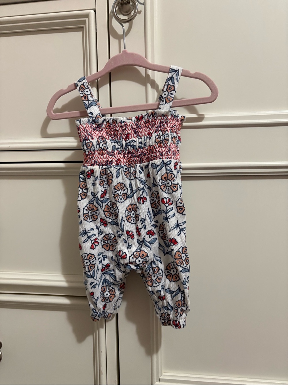 Carter's White Floral Smocked Romper with Blue and Red Accents